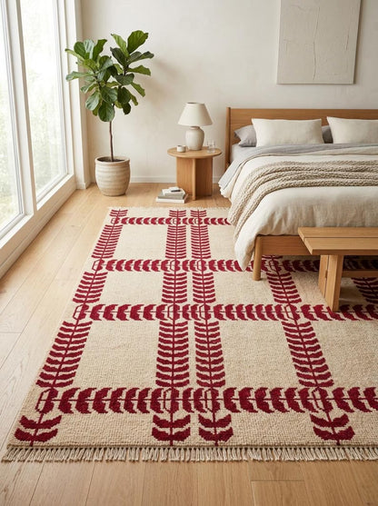Crimson Red Hand Knotted Modern Geometric Rug