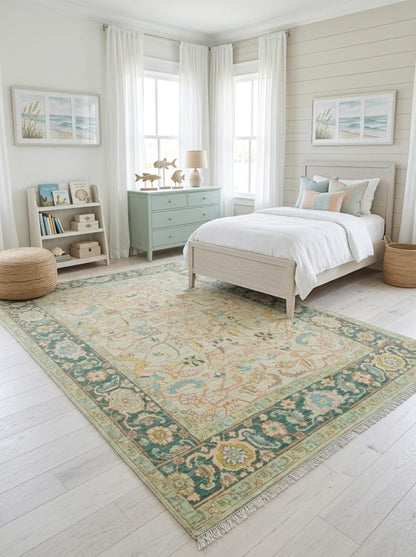 Traditional Pastel Floral Anatolian Hand Knotted Oushak Rug