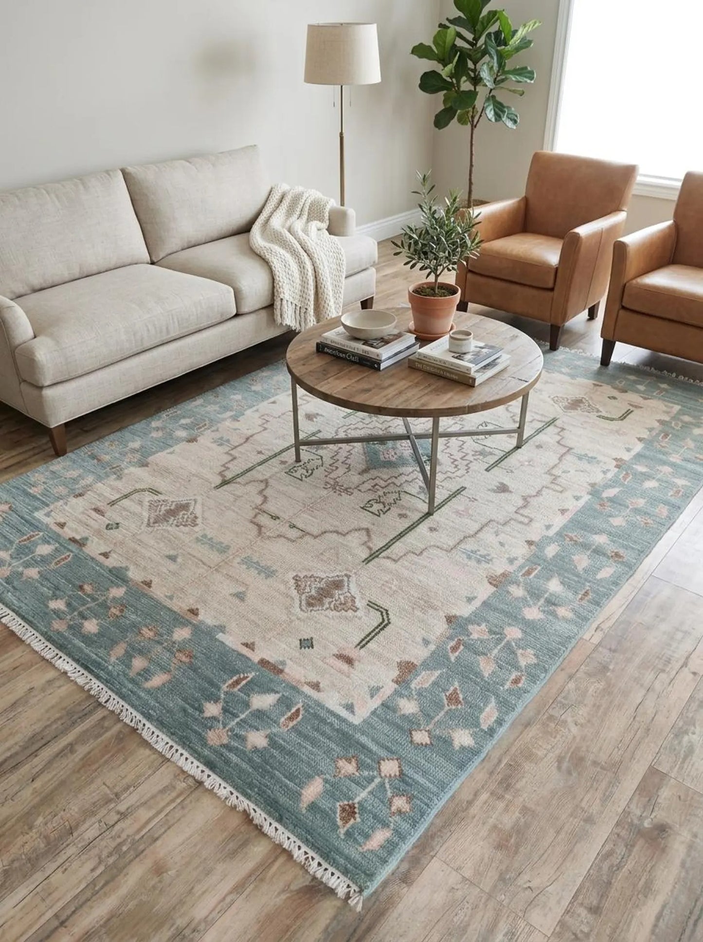Muted Blue & Off White Medallion Rug Soft Pastel Aesthetic Carpet