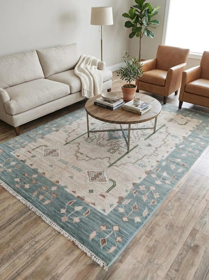 Muted Blue & Off White Medallion Rug Soft Pastel Aesthetic Carpet