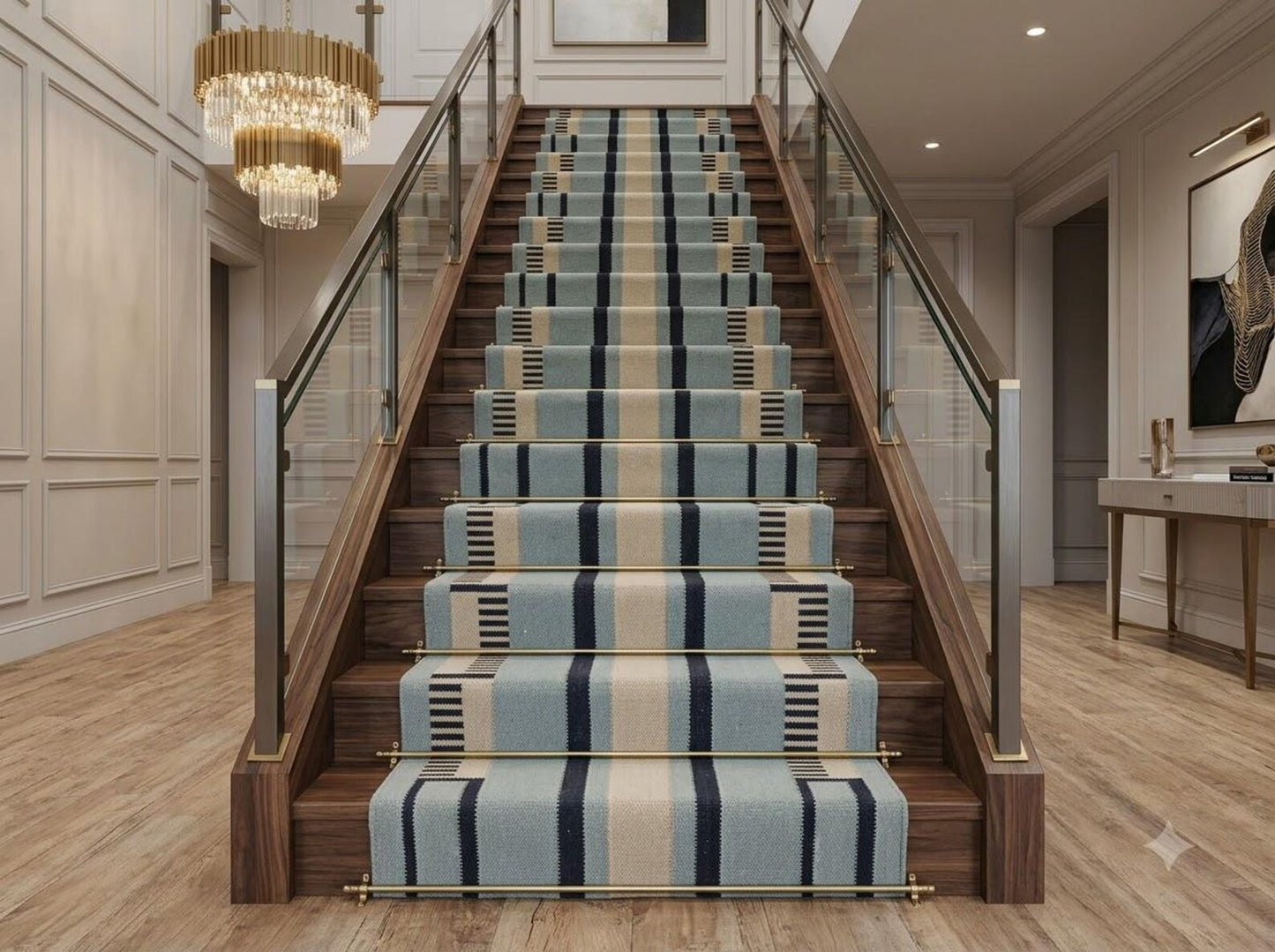 Blue Striped Wool Flatweave Runner Rug Modern Kitchen Runner