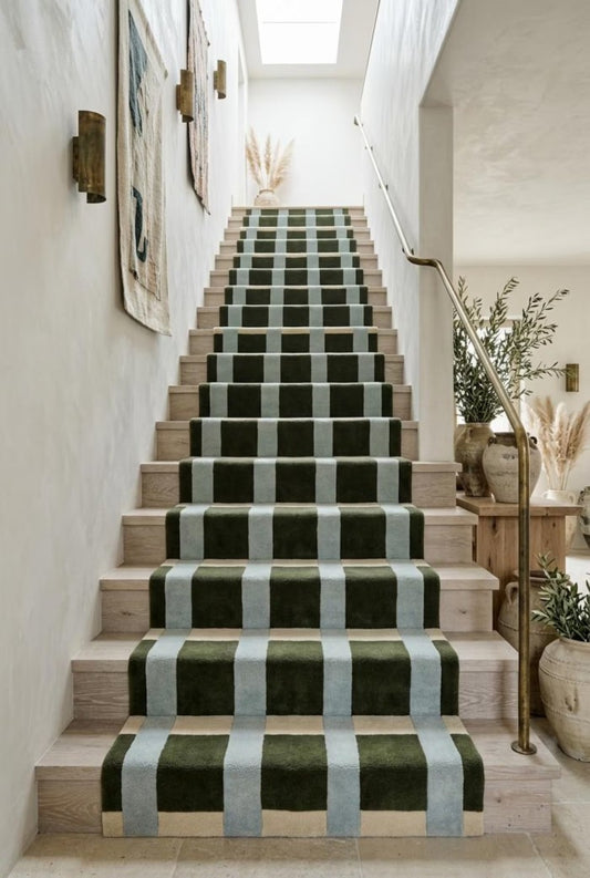 Hand-tufted Wool Green-Blue Geometric Striped Runner