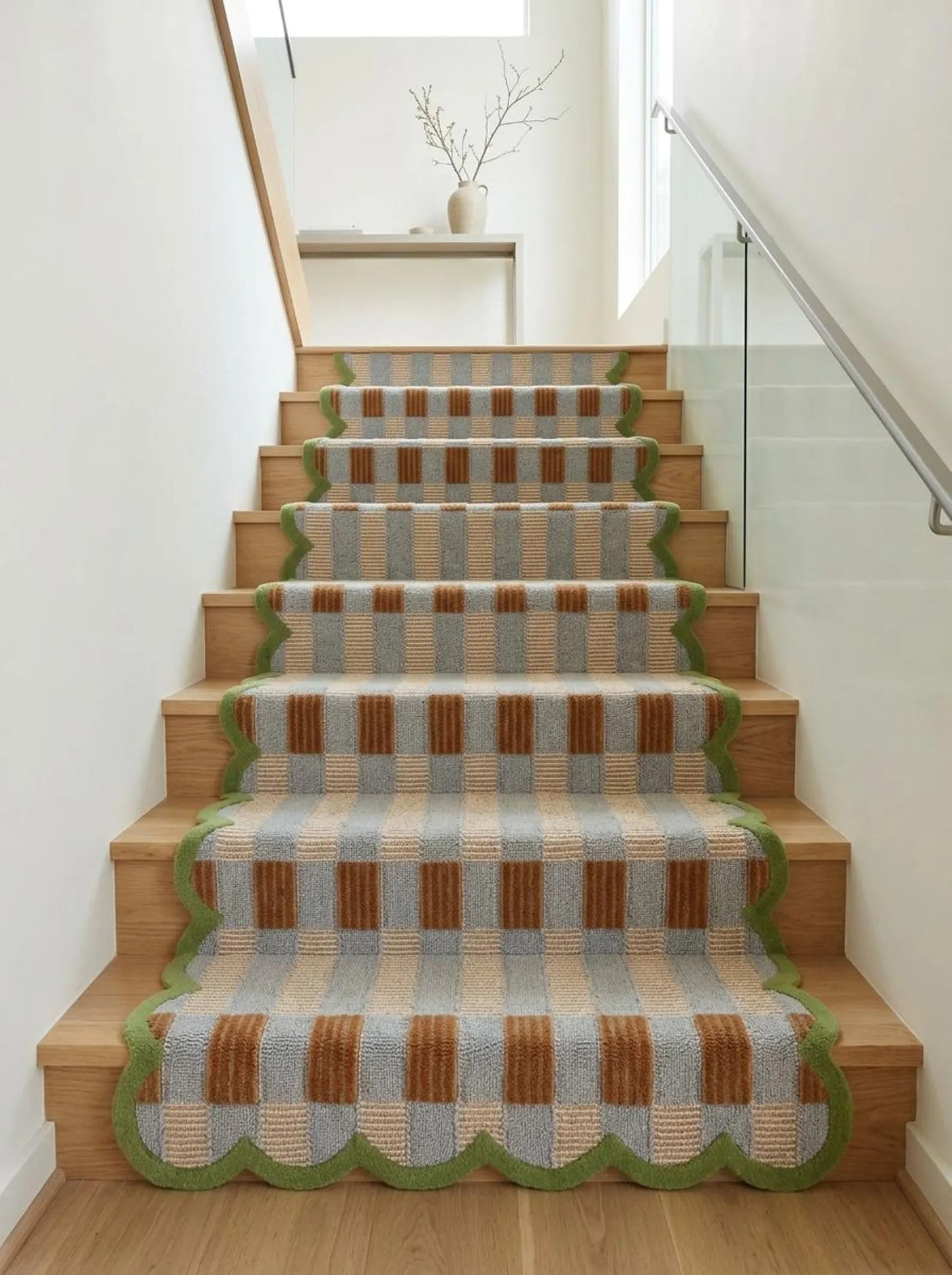 Scalloped Checkered Hallway Runner, Blue-Brown-Green Geometric Runner