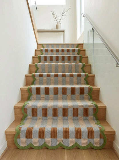 Scalloped Checkered Hallway Runner, Blue-Brown-Green Geometric Runner