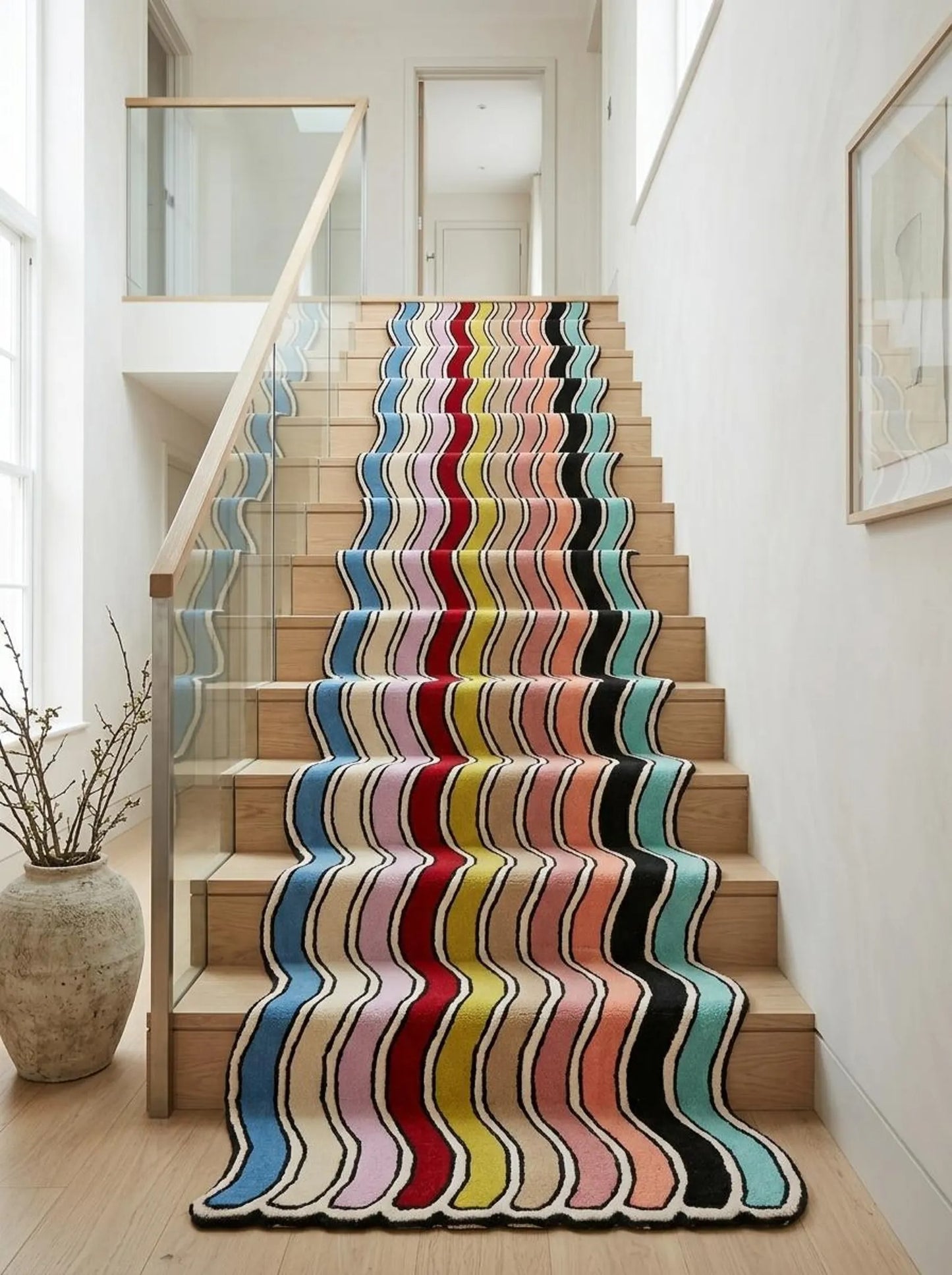Hand Tufted Wool Runner Rug, Colorful Wavy Stripe Hallway Carpet