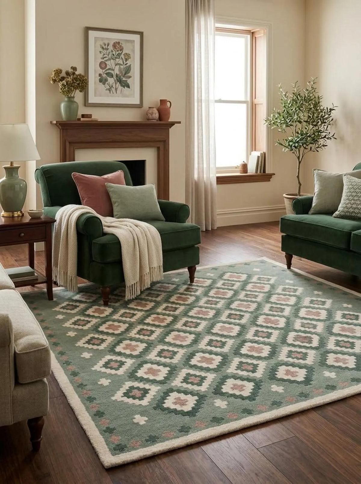 Pastel Green Hand Tufted Wool Rug, Geometric Diamond Pattern Carpet