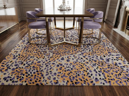 Leopard Print Area Rug, Modern Animal Pattern Rug, Purple Gold Wool Tufted Rug