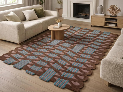 Scalloped Edge Geometric Rug, Brown Teal & Blush Modern Abstract Tufted Area Rug