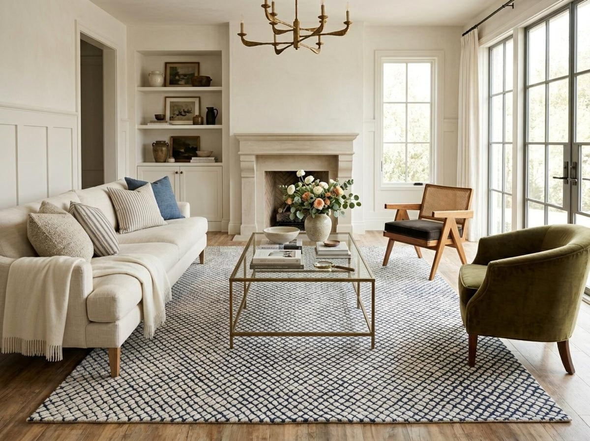 Blue & Ivory Hand Tufted Wool Rug, Modern Checkered Area Rug