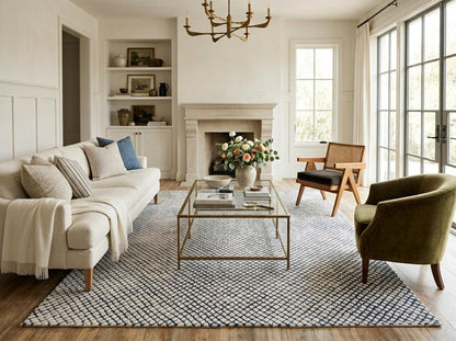 Blue & Ivory Hand Tufted Wool Rug, Modern Checkered Area Rug