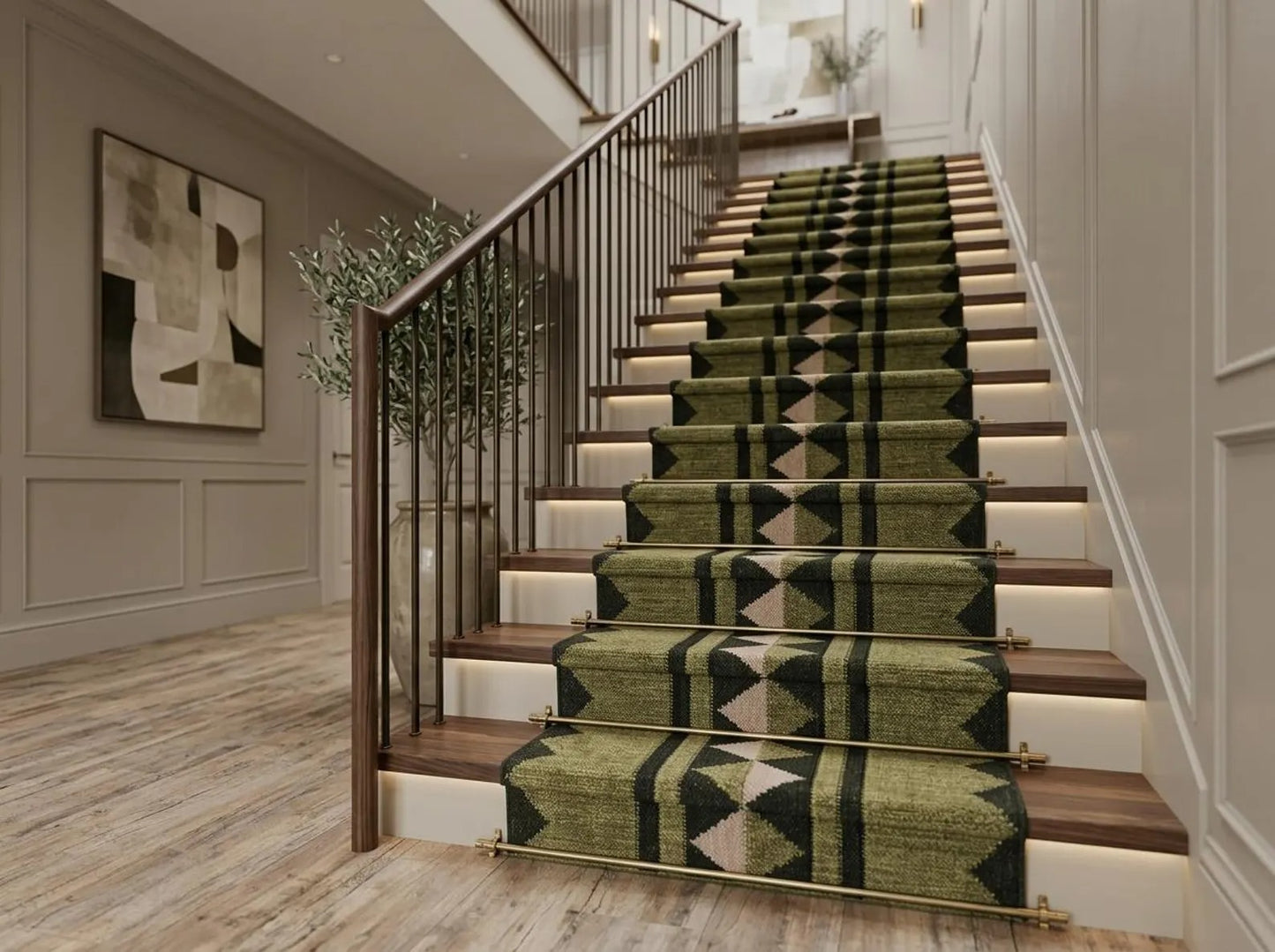 Handmade Geometric Olive Green Wool Runner Rug