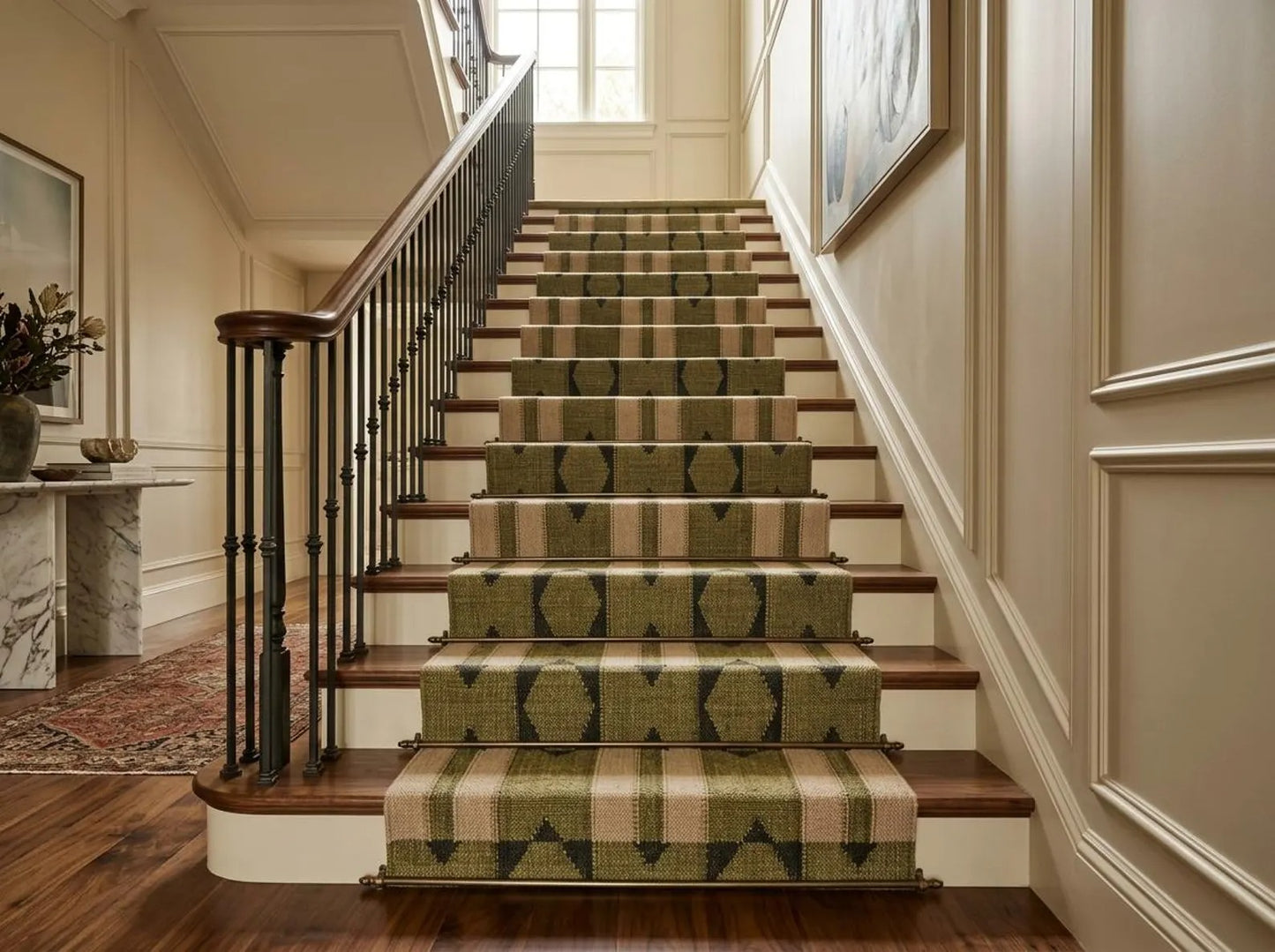 Olive Green Wool Runner Rug, Handmade Geometric Hallway Runner