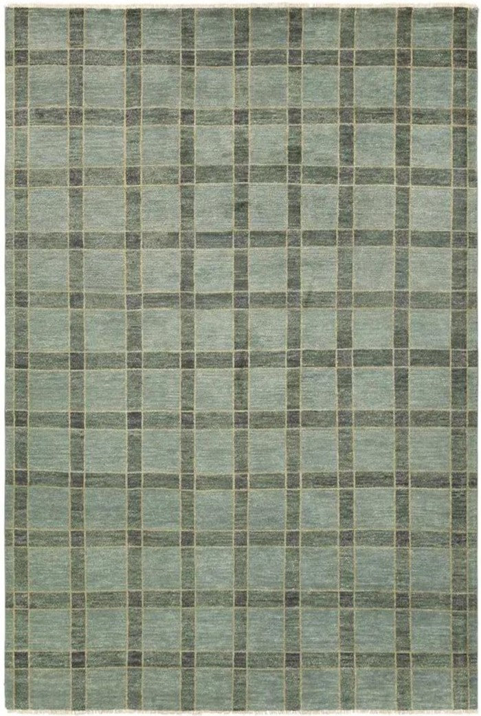 Hand-Knotted Wool Oushak Rug Sage Green Plaid Area Rug
