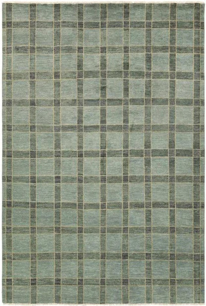 Hand-Knotted Wool Oushak Rug Sage Green Plaid Area Rug