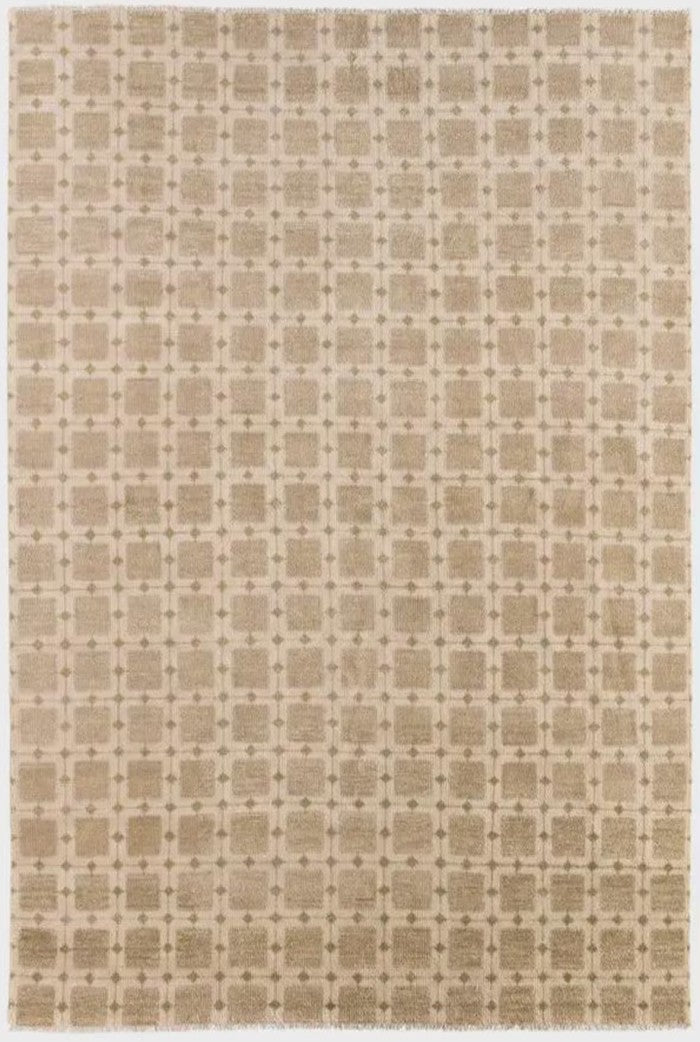 Hand-Knotted Beige Grid Plaid Neutral-Tone Rug