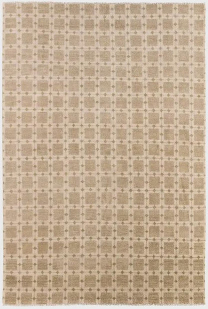 Hand-Knotted Beige Grid Plaid Neutral-Tone Rug