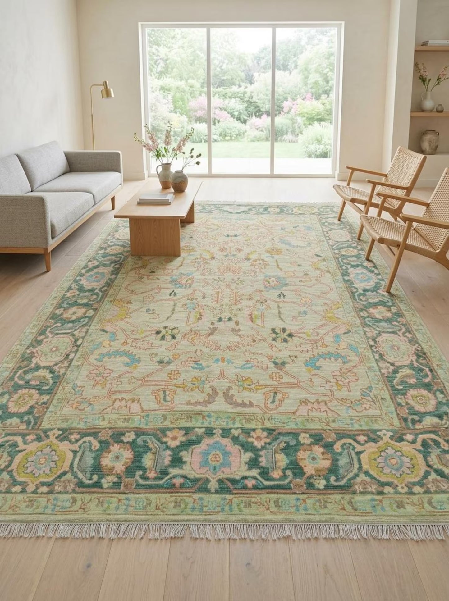 Traditional Pastel Floral Anatolian Hand Knotted Oushak Rug
