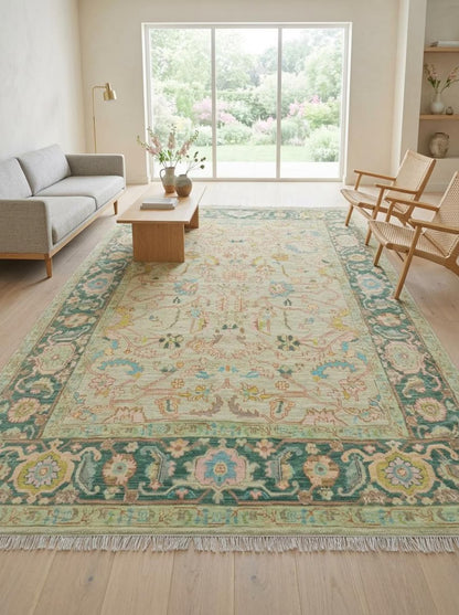 Traditional Pastel Floral Anatolian Hand Knotted Oushak Rug