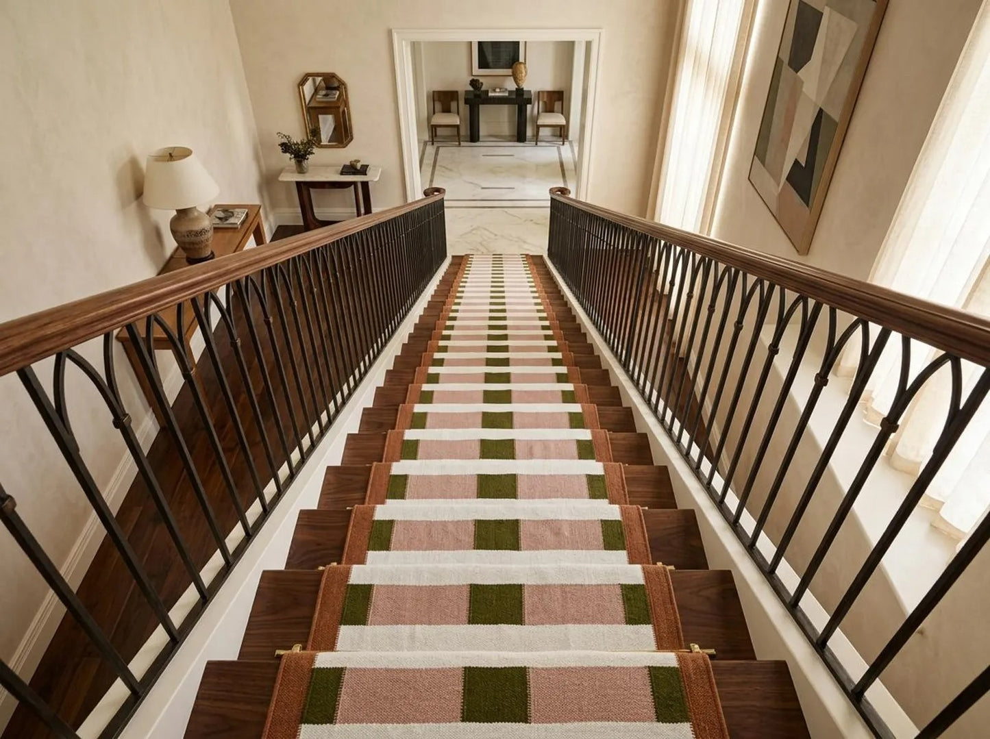 Handwoven Olive Green & Blush Pink Checkered Hallway Runner