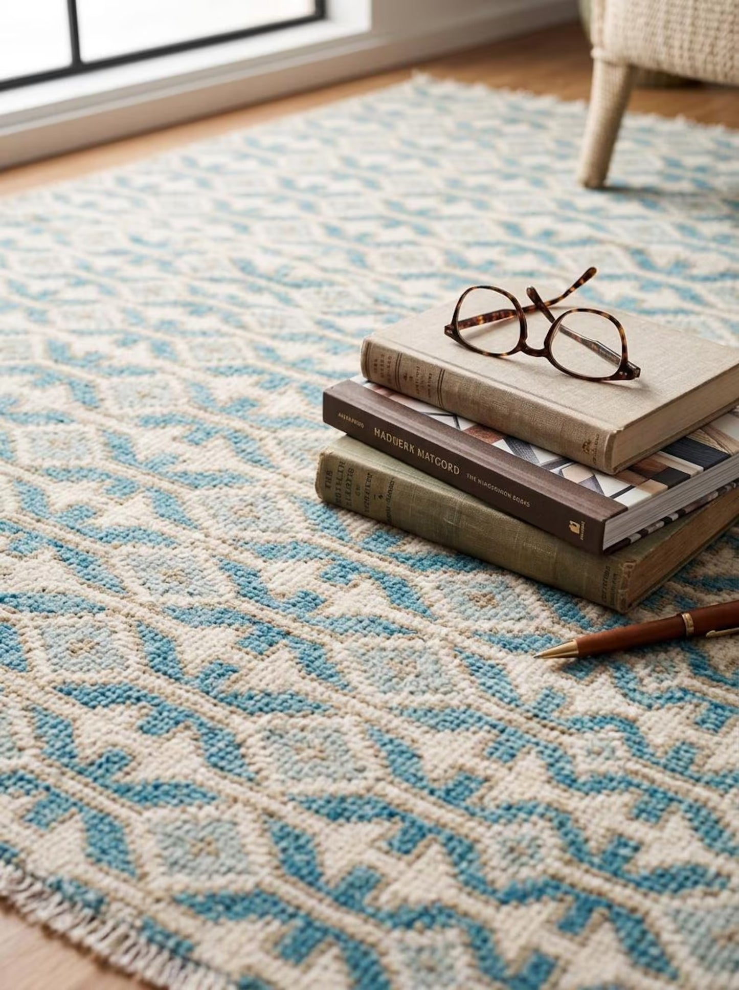 Hand-Knotted Wool Oushak Rug Blue & Ivory Modern-Style Carpet