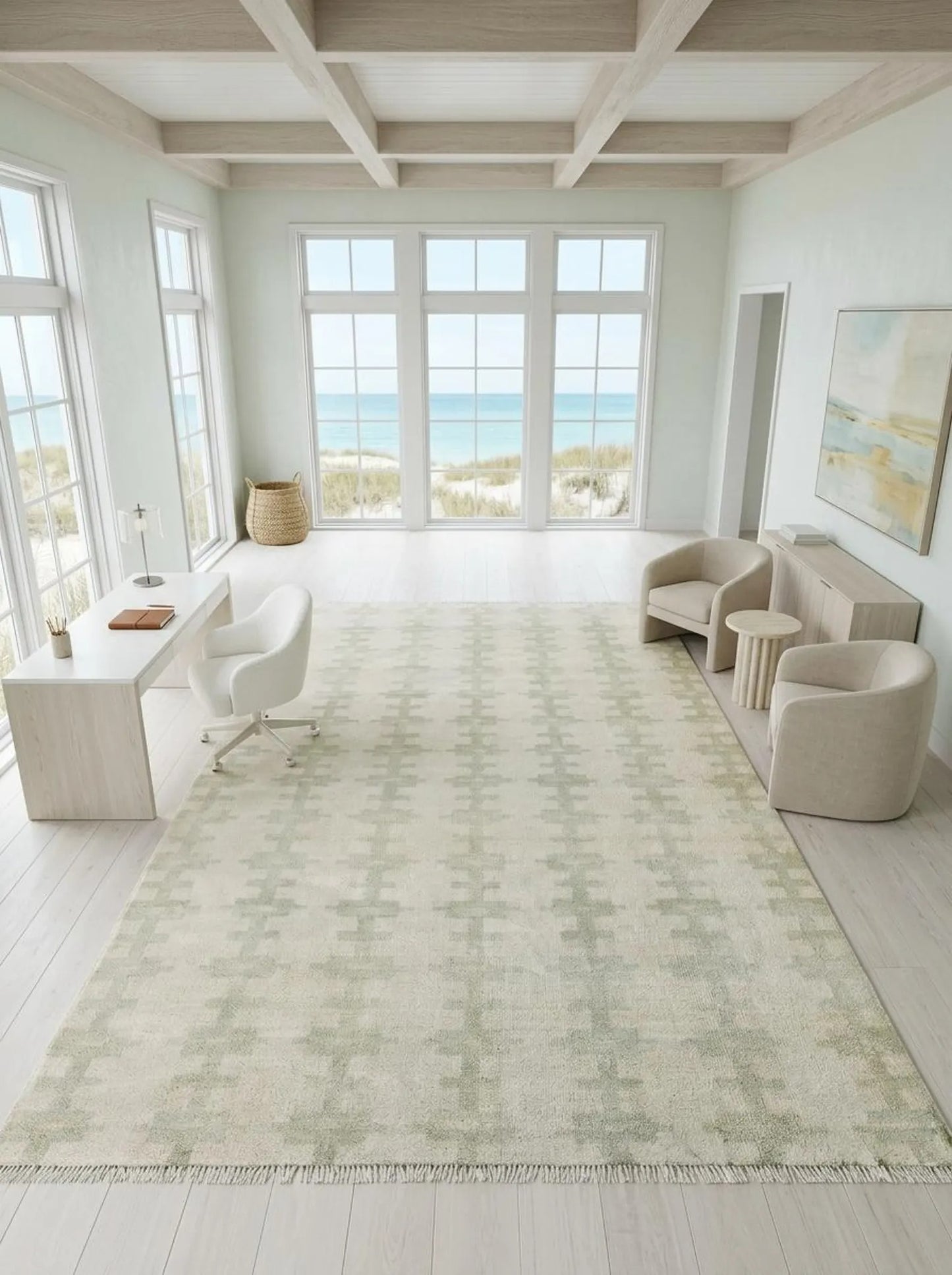 Handmade Green Wool Geometric Rug – Large Abstract Area Oushak Rug