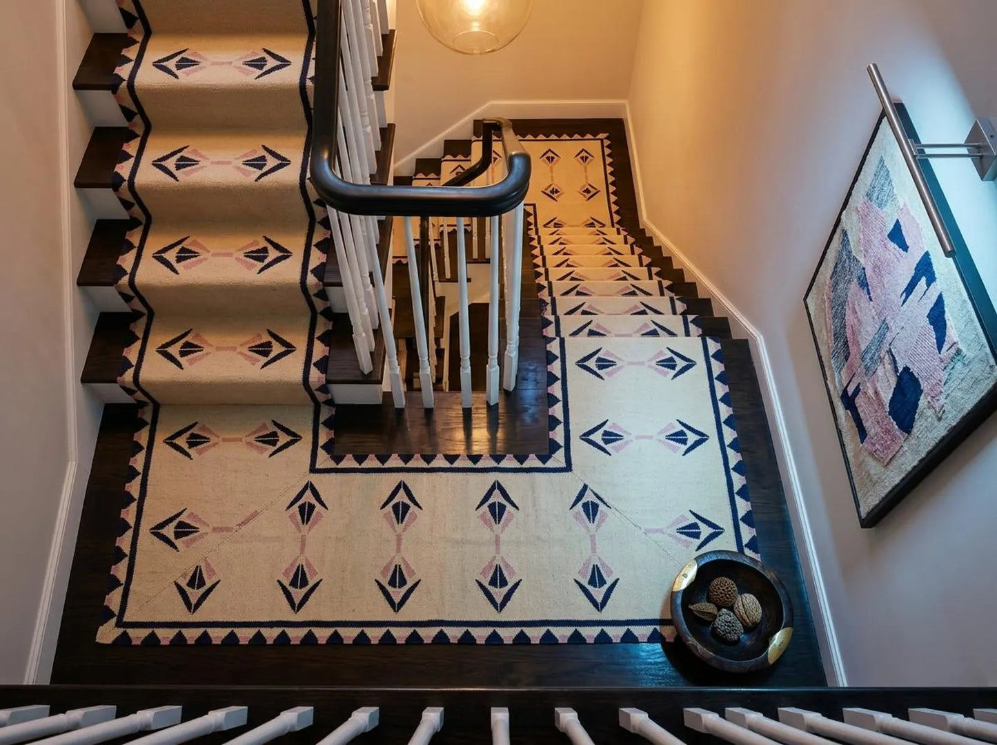 Handmade  Navy Blue and Pink Geometric Wool Flatweave Runner Rug