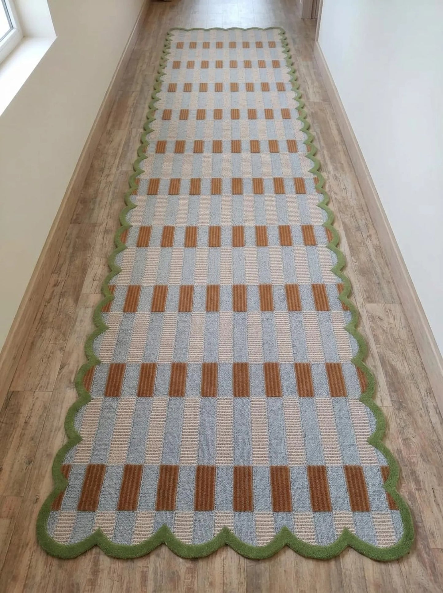 Scalloped Checkered Hallway Runner, Blue-Brown-Green Geometric Runner
