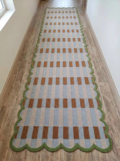 Scalloped Checkered Hallway Runner, Blue-Brown-Green Geometric Runner