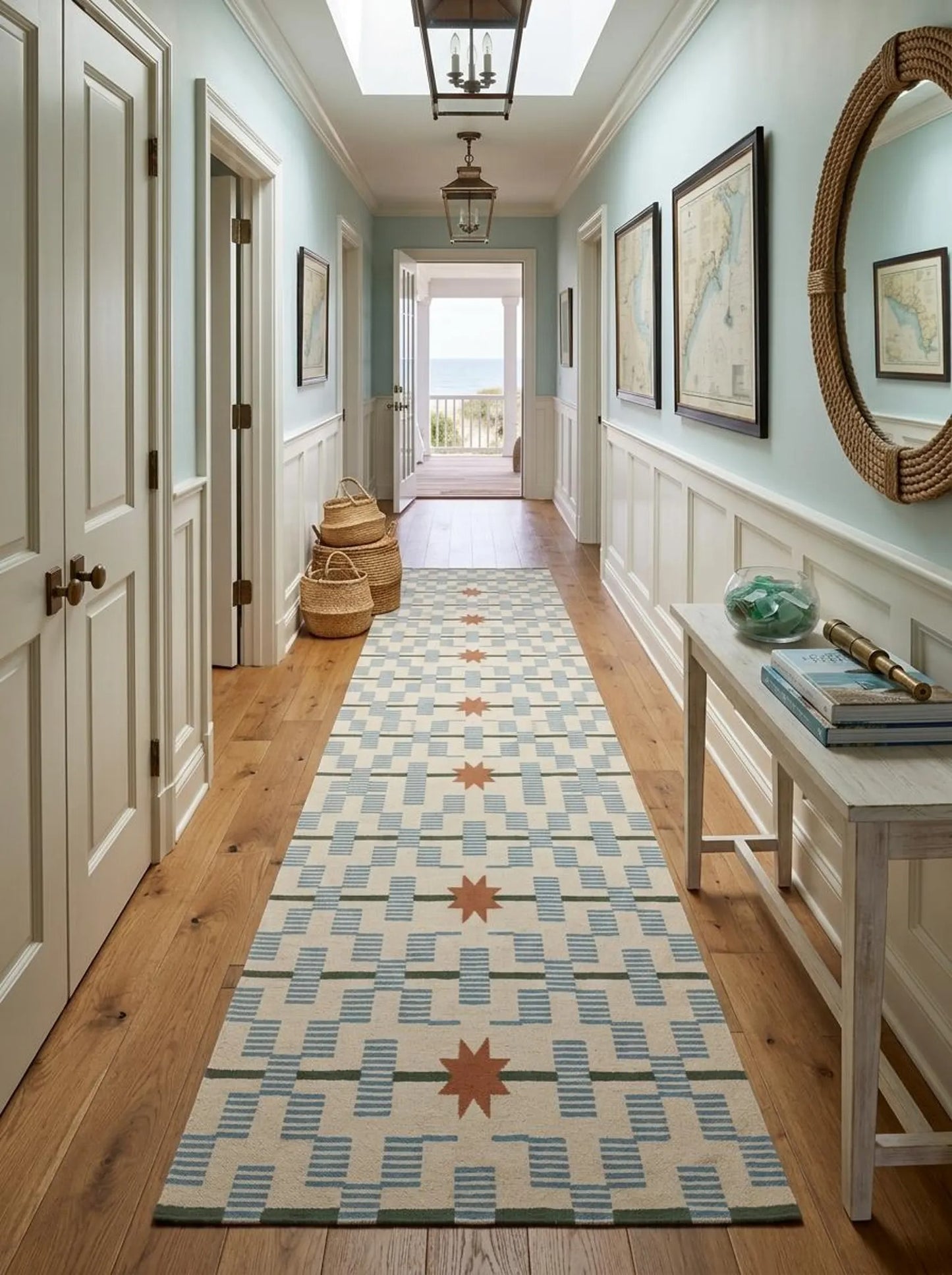 Hand-Tufted Wool Runner Light Blue, Terracotta Rust Stair Runner