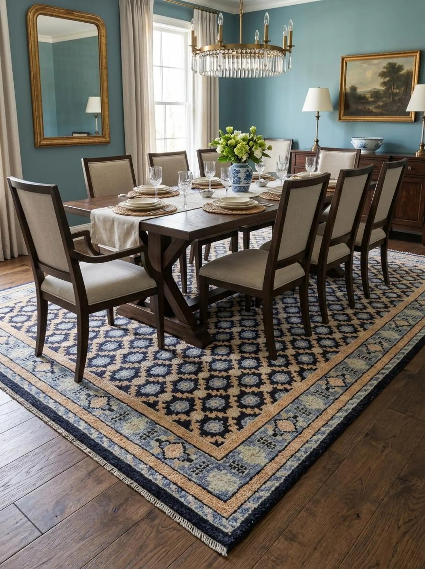 Hand Knotted Oushak Wool Rug Navy Blue & Peach Area Rug