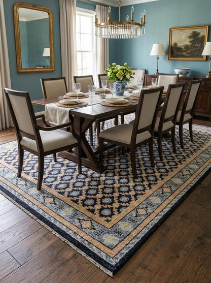 Hand Knotted Oushak Wool Rug Navy Blue & Peach Area Rug