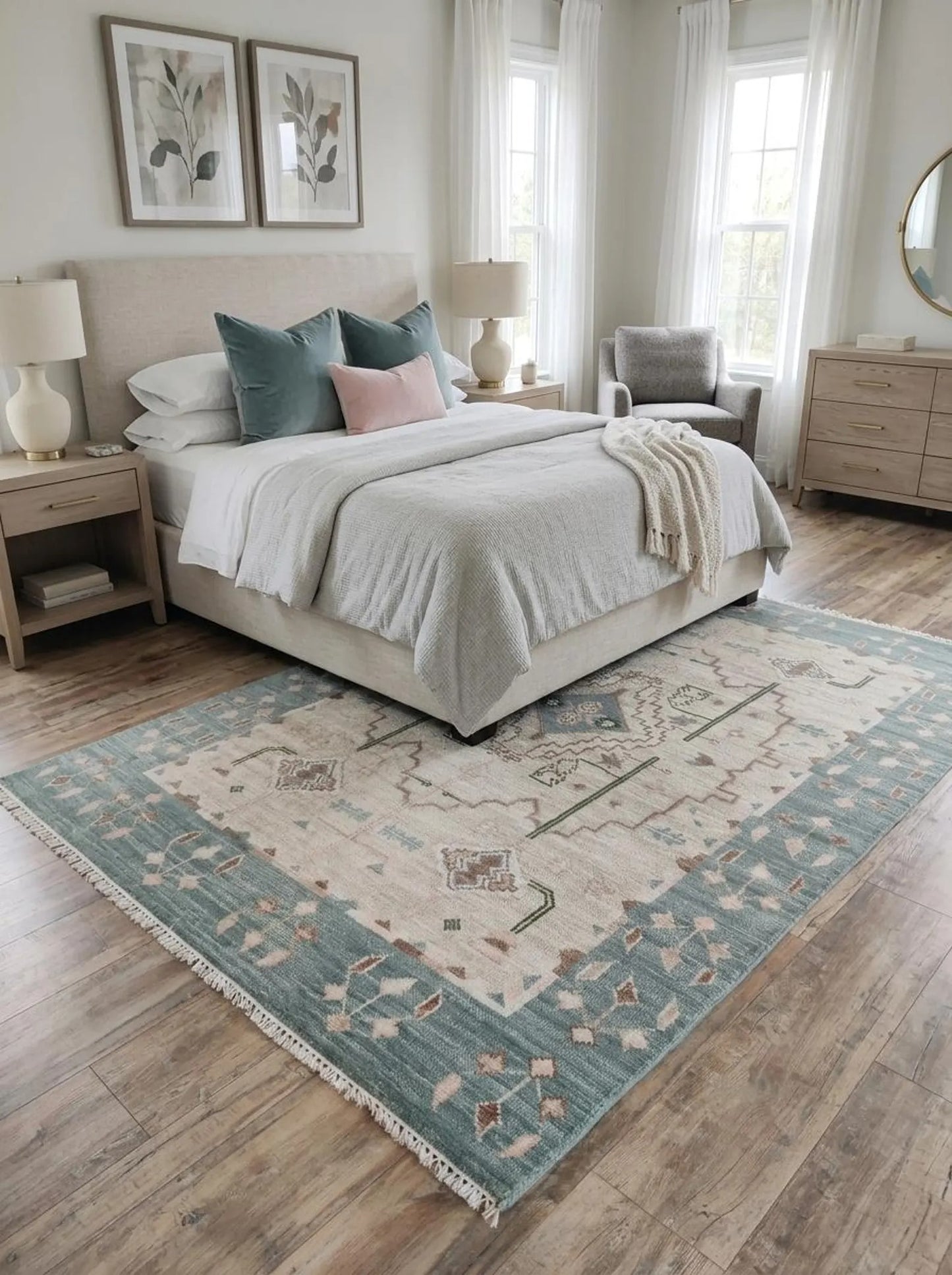 Muted Blue & Off White Medallion Rug Soft Pastel Aesthetic Carpet