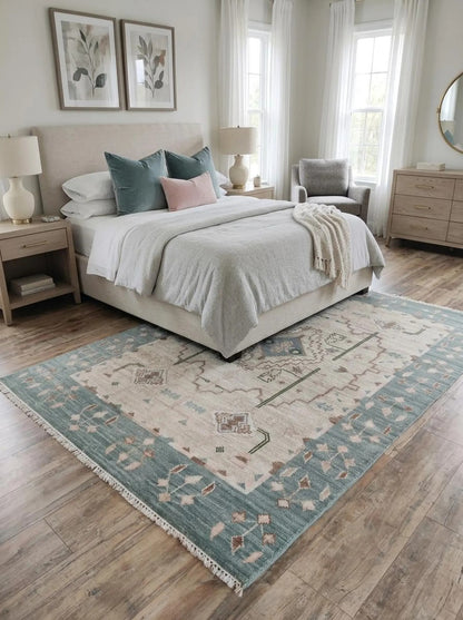 Muted Blue & Off White Medallion Rug Soft Pastel Aesthetic Carpet
