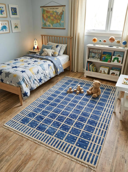 Luxury Indigo Oushak Floor Rug with Striped Border carpet