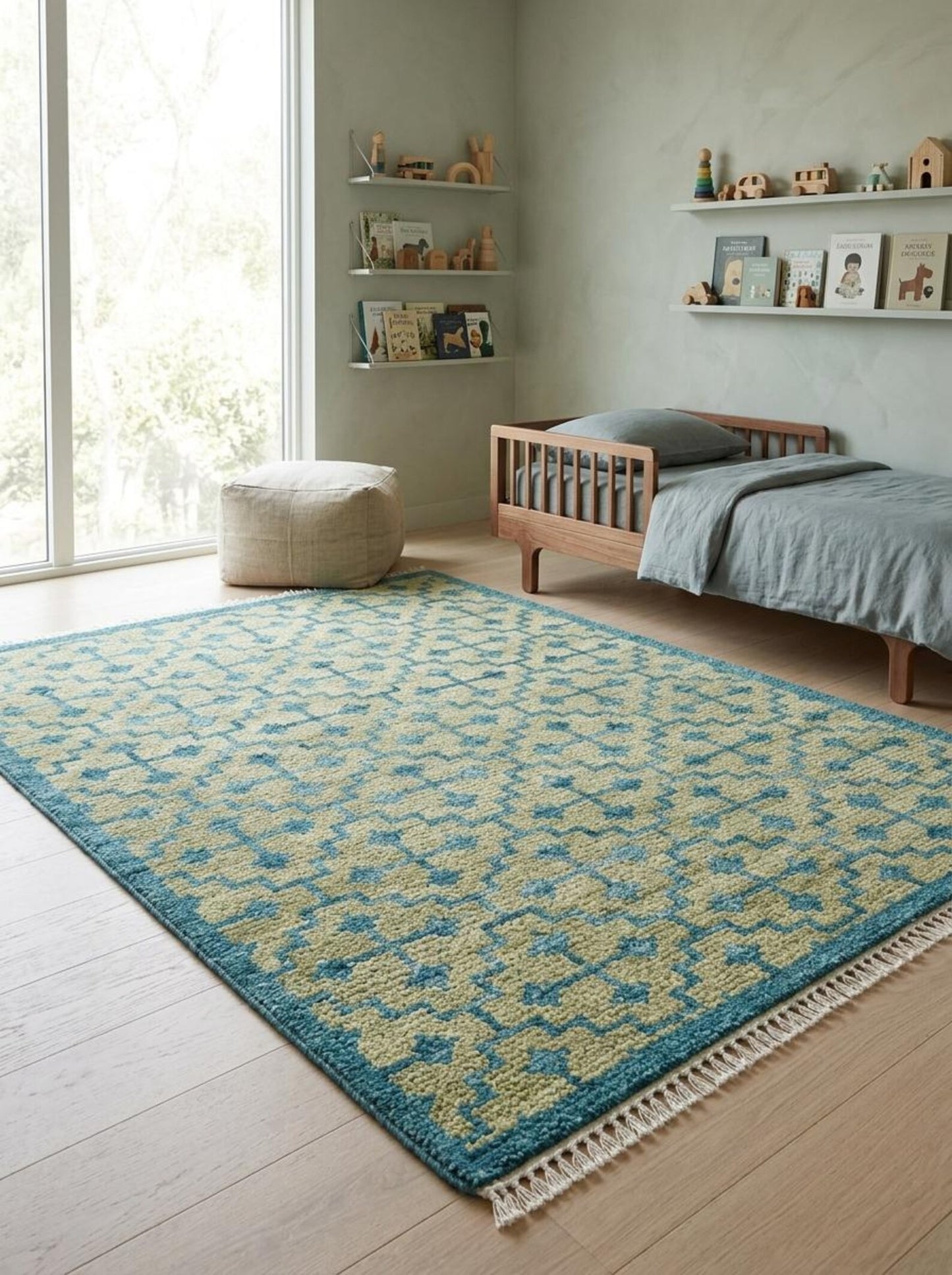 Teal Lattice Olive Diamond Hand Knotted Rug
