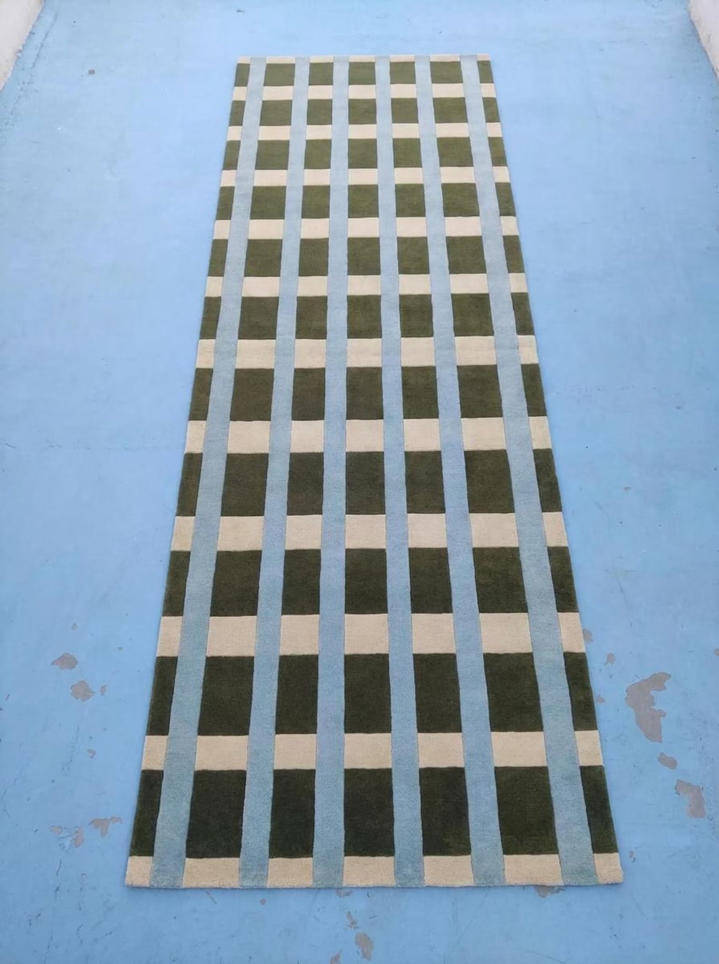 Hand-tufted Wool Green-Blue Geometric Striped Runner