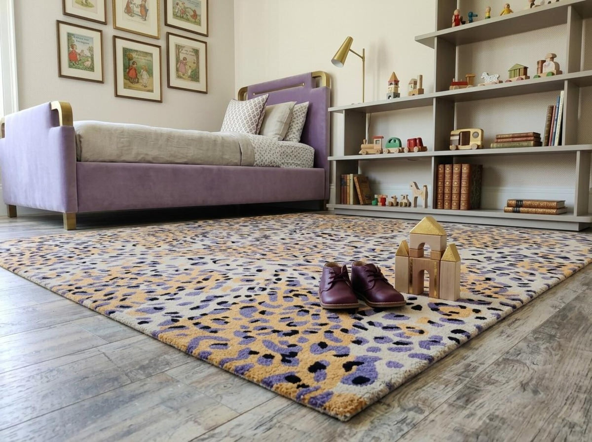 Leopard Print Area Rug, Modern Animal Pattern Rug, Purple Gold Wool Tufted Rug