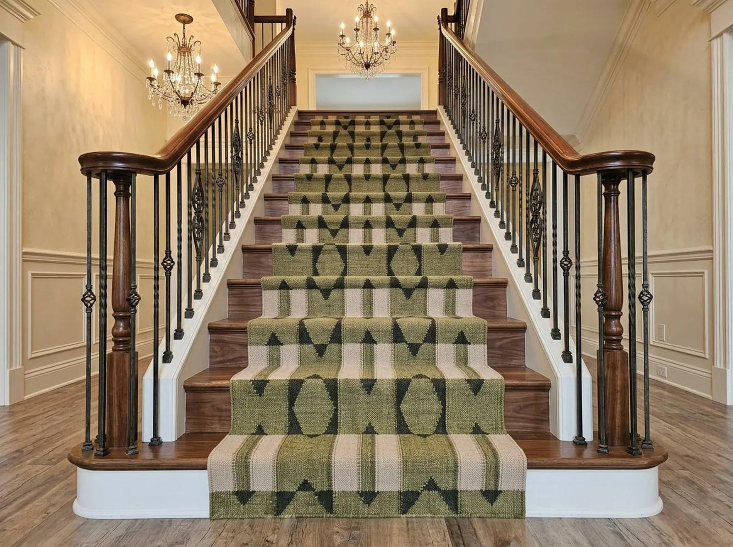 Olive Green Wool Runner Rug, Handmade Geometric Hallway Runner