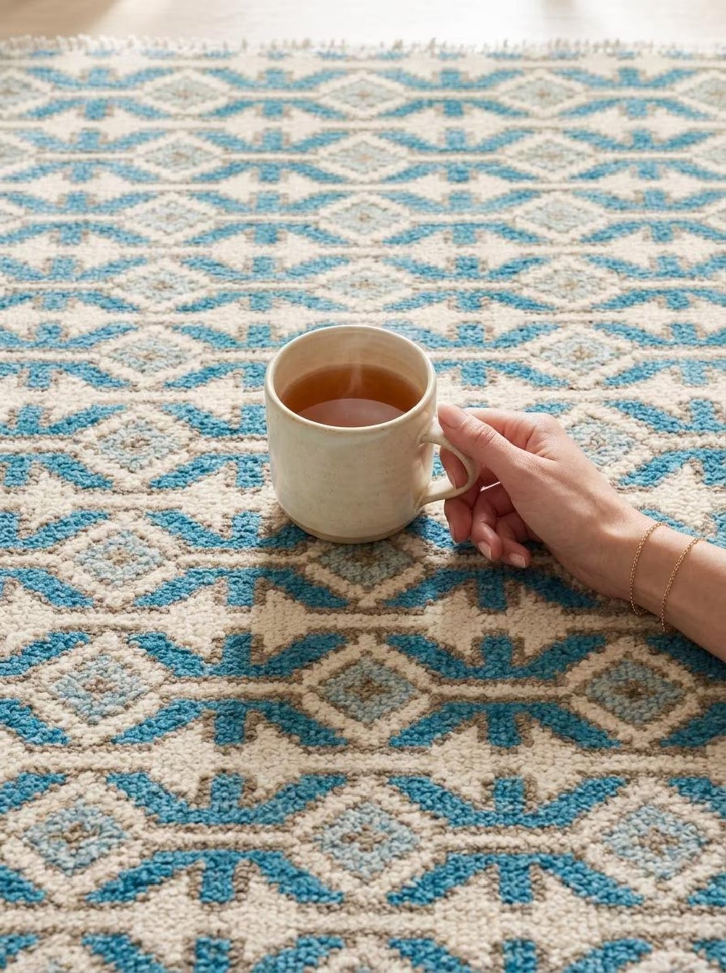 Hand-Knotted Wool Oushak Rug Blue & Ivory Modern-Style Carpet