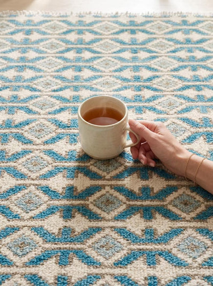 Hand-Knotted Wool Oushak Rug Blue & Ivory Modern-Style Carpet