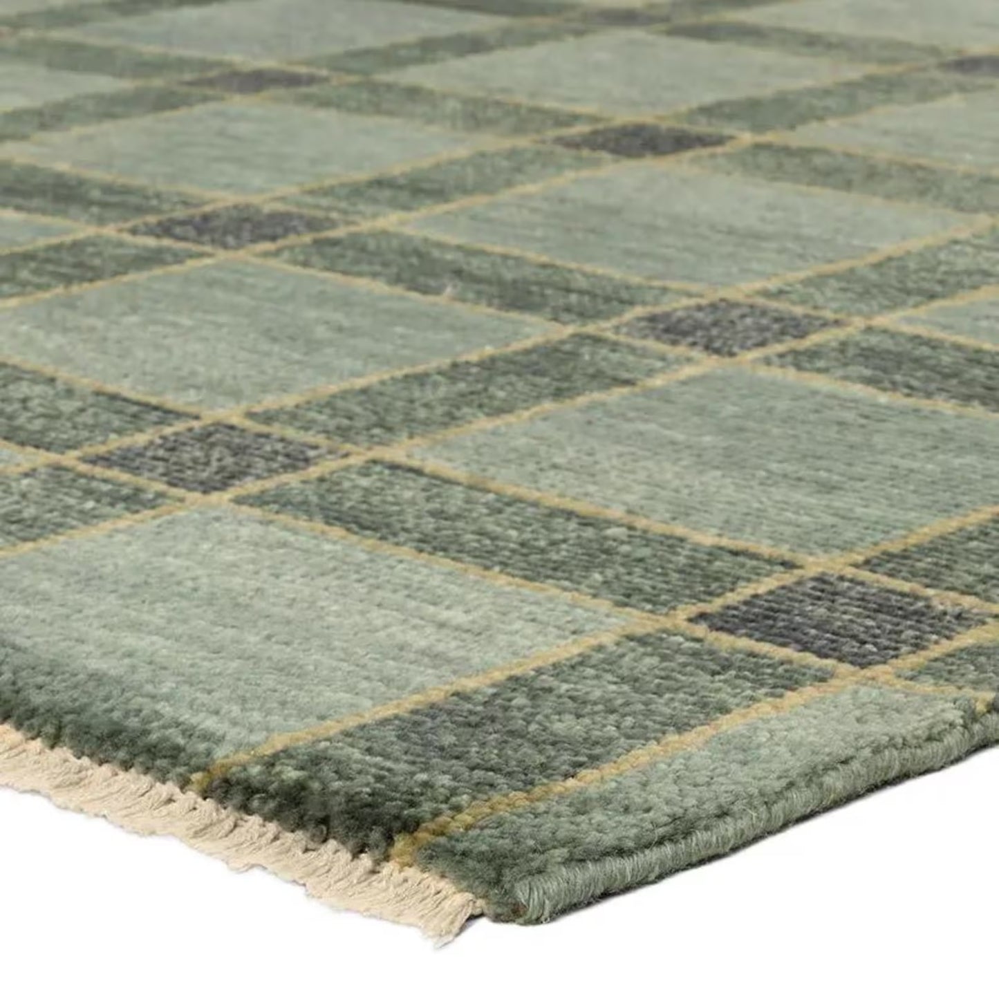 Hand-Knotted Wool Oushak Rug Sage Green Plaid Area Rug