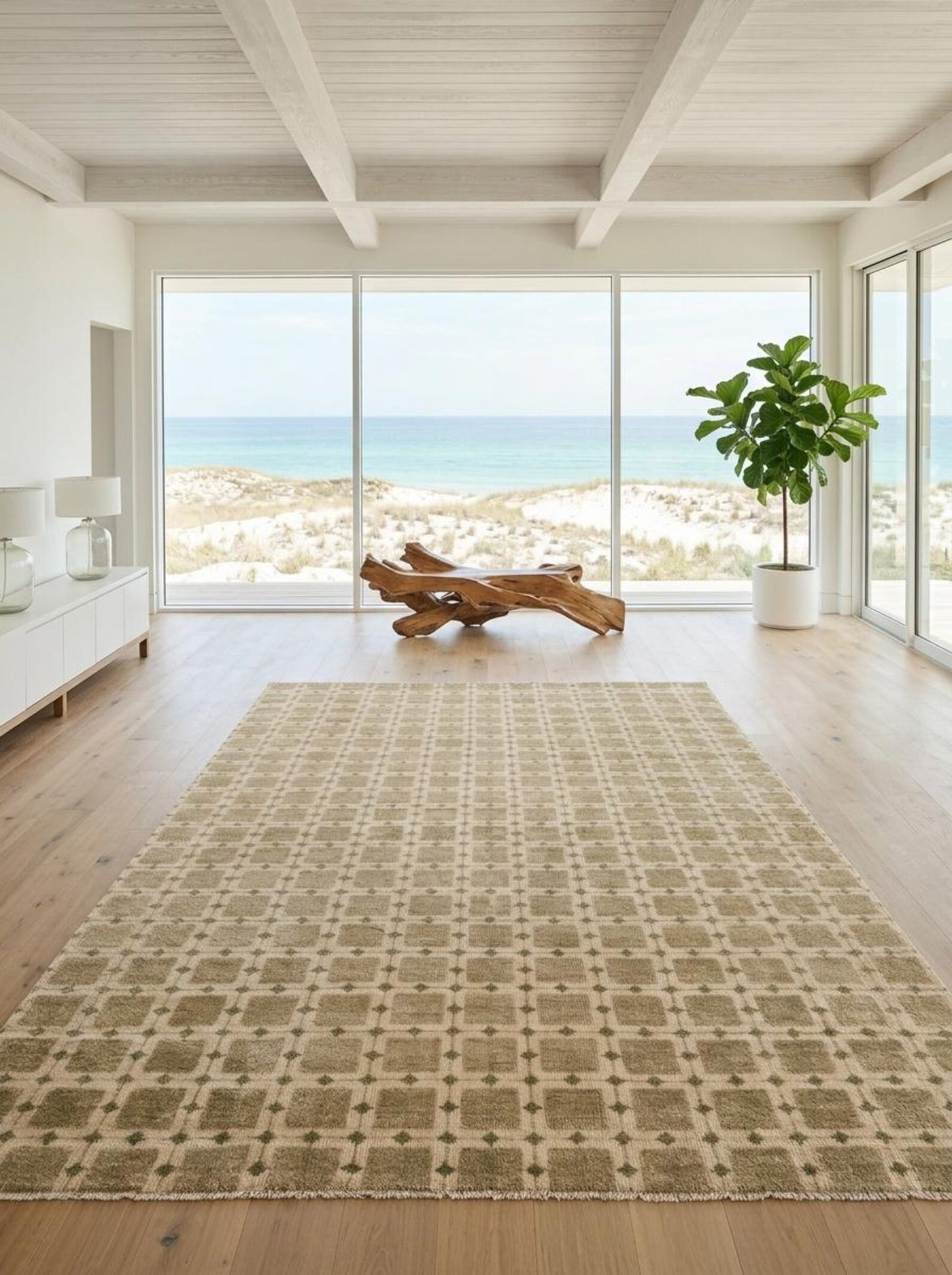Hand-Knotted Beige Grid Plaid Neutral-Tone Rug