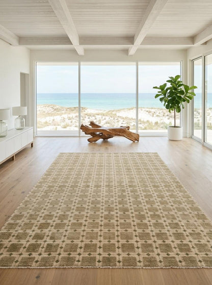 Hand-Knotted Beige Grid Plaid Neutral-Tone Rug