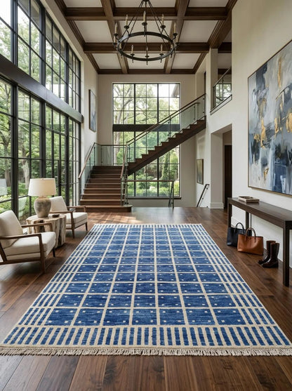 Luxury Indigo Oushak Floor Rug with Striped Border carpet