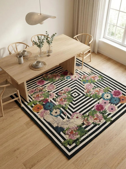 Hand-tufted Wool Rug, Japanese Crane Floral Area Rug, Black-and-White Geometric Striped Carpet