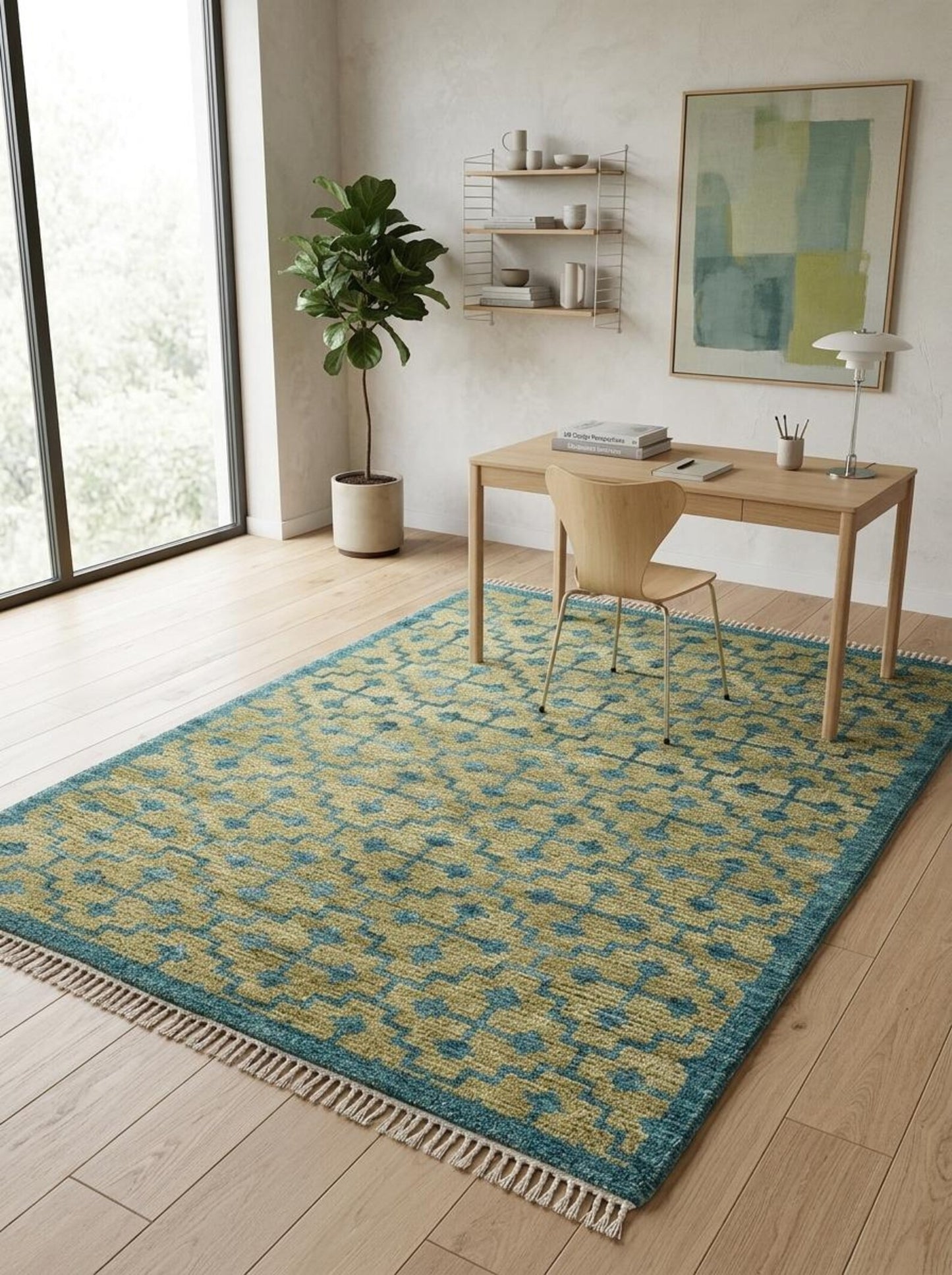 Teal Lattice Olive Diamond Hand Knotted Rug