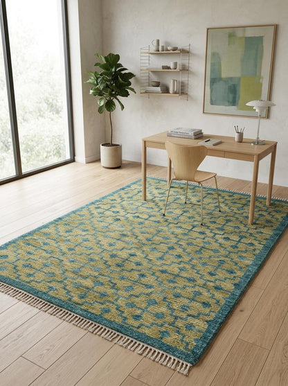 Teal Lattice Olive Diamond Hand Knotted Rug