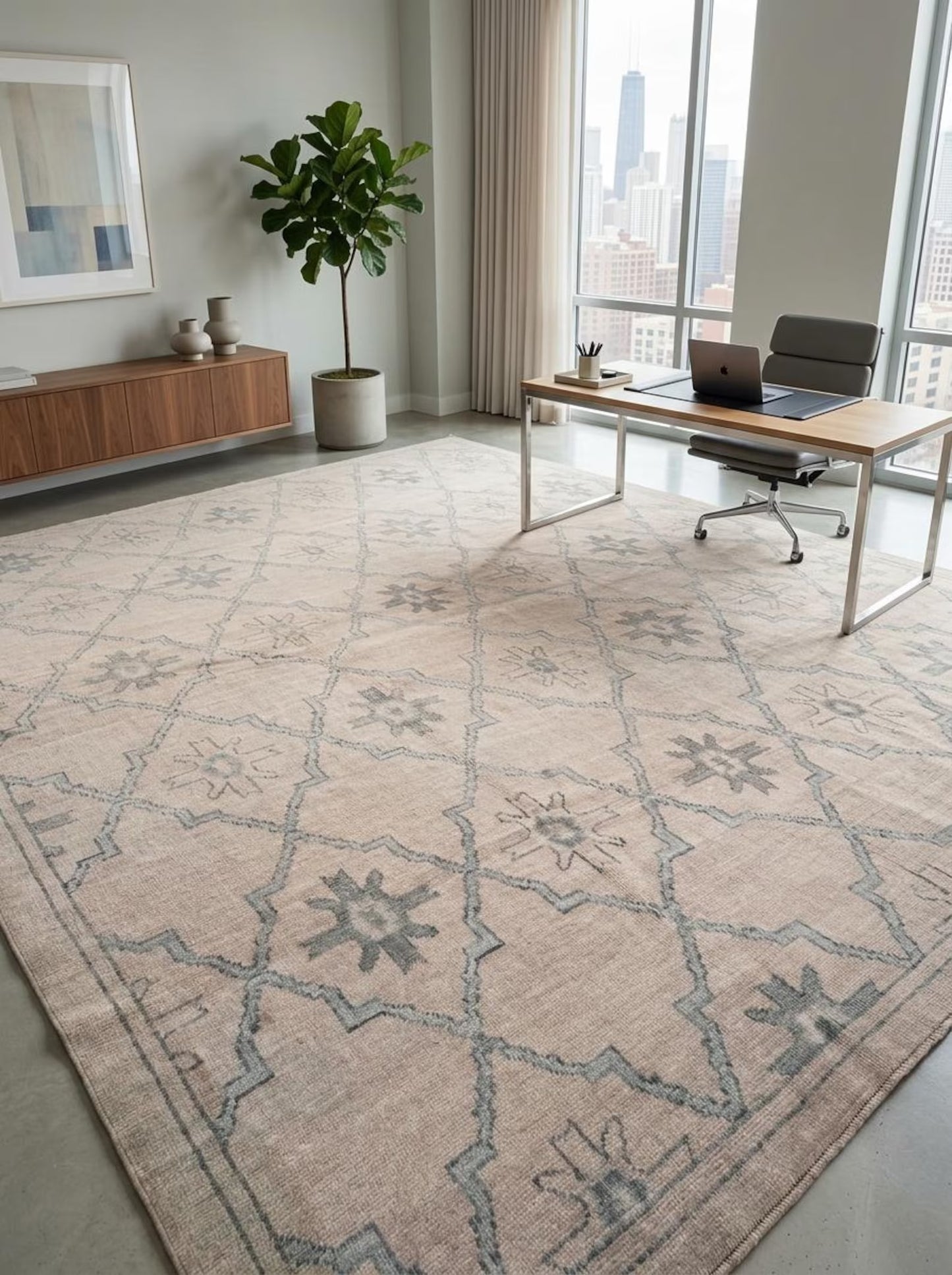 Neutral Diamond Lattice Hand Knotted Rug