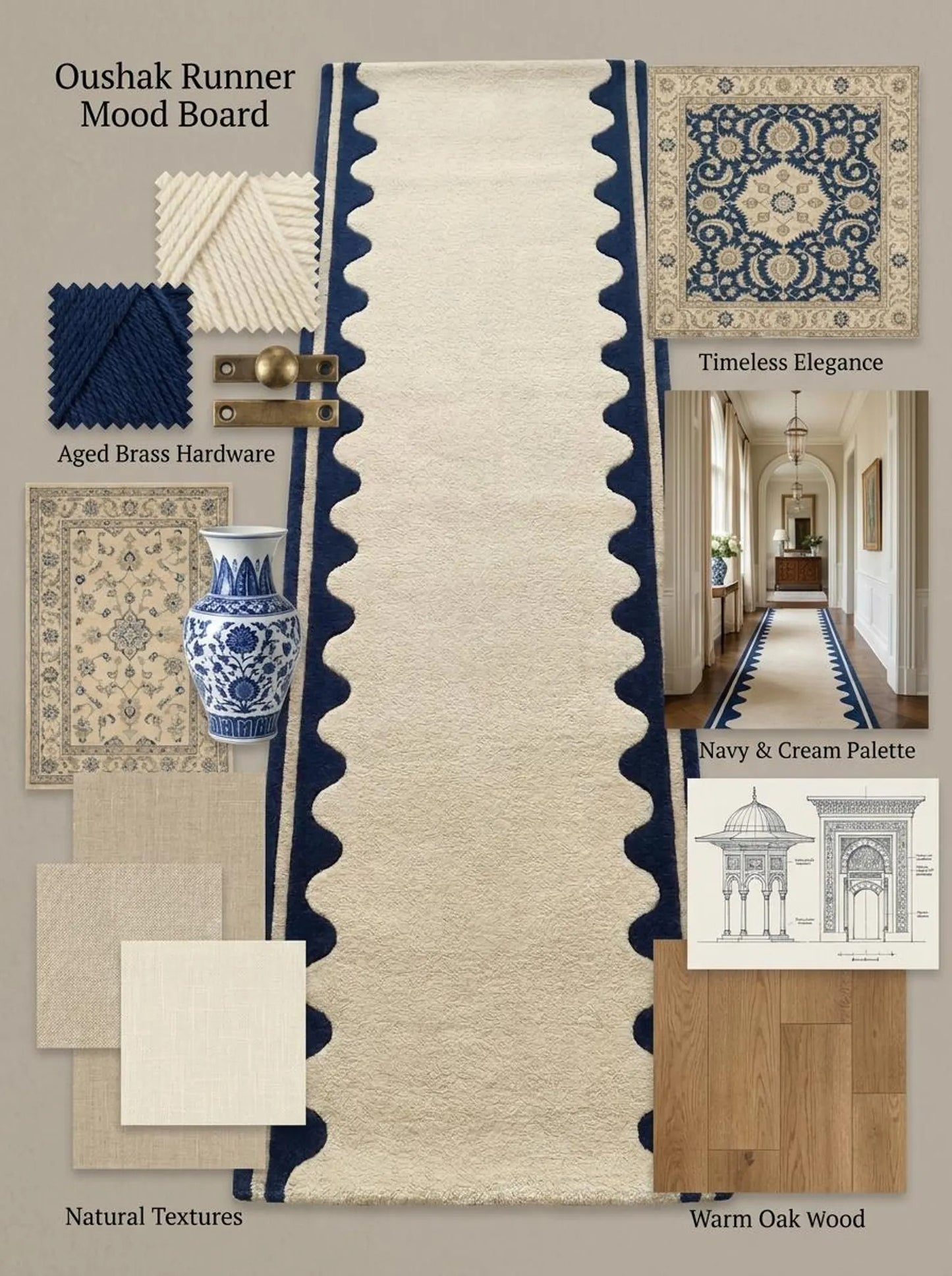 Hand Tufted Wool Runner Rug - Scalloped Navy Blue Border Ivory Hallway Carpet