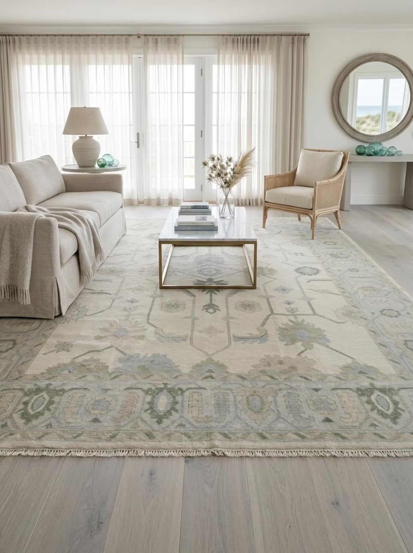 Hand Knotted Wool Ivory Floral Sage Green Blue Area Rug